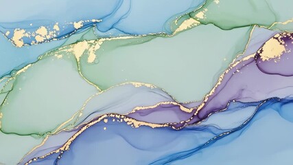 Abstract alcohol ink flow with gold dust. Blue and green liquid art pattern for backdrop footage.