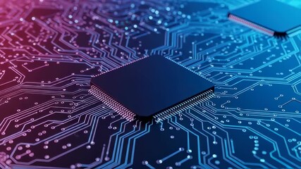 Computer circuit board with glowing lines and microchip module, technology and data processing concept footage - Powered by Adobe