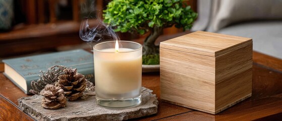 A scented candle and a frosted glass cup sit beside a smoking incense burner, evoking a peaceful, calming ambiance.