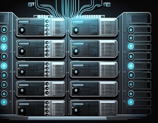 silhouette of a server rack with multiple servers and cables in a dark solid color bitcoin mining machine