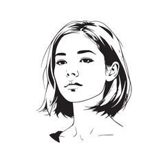 Black and white close up illustration of a beautiful woman face minimalist elegant line art drawing