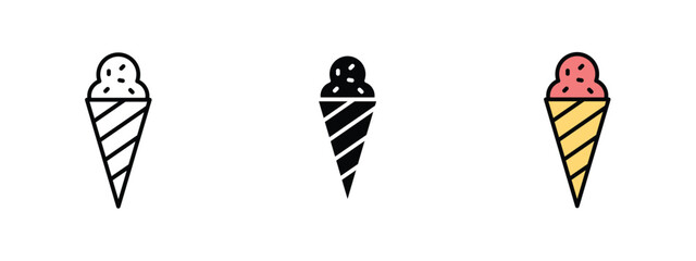 Set of pixel perfect colored Ice Cream icon, 1 Silhouette, 1 Unexpanded, Ice cream icon symbolizing a cold dessert cone or cup.