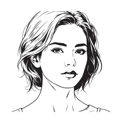 Black and white close up illustration of a beautiful woman face minimalist elegant line art drawing