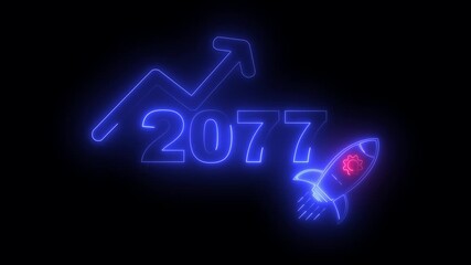 Blue neon 2077 year with upward arrow graph and rocket ship icon on black background new year
