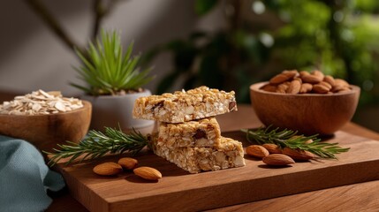 Fototapeta premium Layered Display of Nut Protein Bar Halves on Wooden Board with Almonds and Oats