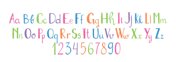 Funky children font, cartoon kids alphabet with crayon, marker or chalk texture. Vector color handdrawn numbers and letters.