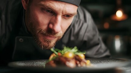 A focused chef inspects a meticulously plated gourmet dish in a professional kitchen setting