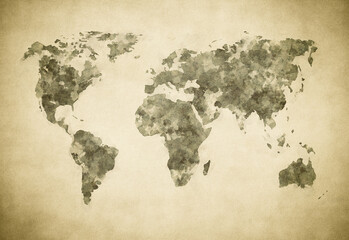 Grunge world map on vintage paper background in watercolour style.