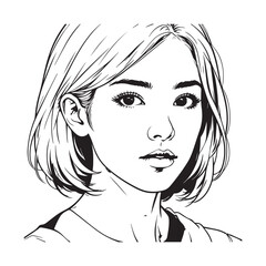 Black and white close up illustration of a beautiful woman face minimalist elegant line art drawing