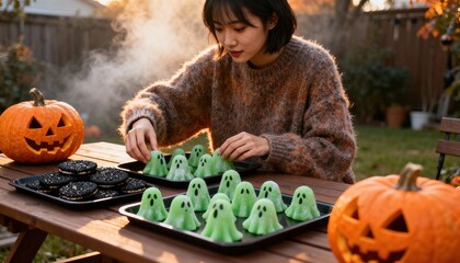 Unusual snack Halloween party. Halloween celebration features a young east asian woman preparing spooky snacks outdoors in autumn