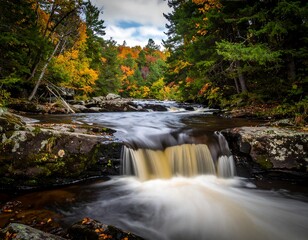 Autumnal waterfall cascading over rocks