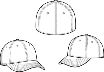 Baseball cap technical drawing multiple views, fashion accessory design illustration, headwear manufacturing sketch, sports cap template, brim stitching detail, apparel blueprint