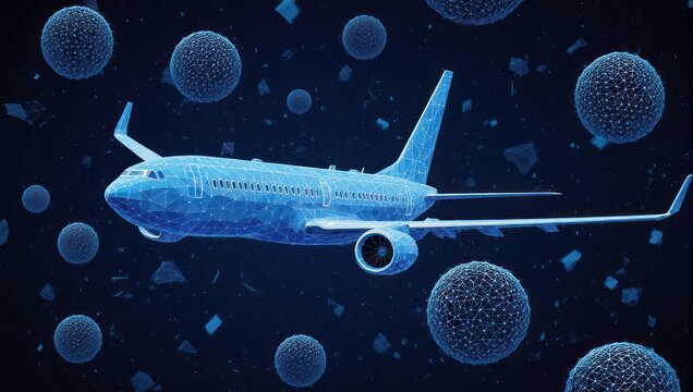 Modern airplane graphic showcasing travel technology and global connectivity with a futuristic network design for aviation industry promotion