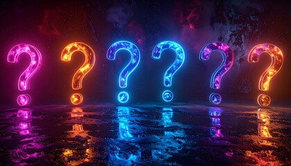 Five neon-lit question marks with colorful glow, reflecting in a wet, dark surface, set against a cosmic background
