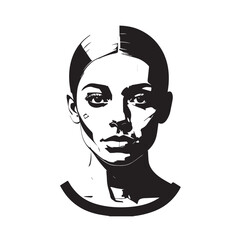 Black and white close up illustration of a beautiful woman face minimalist elegant line art drawing