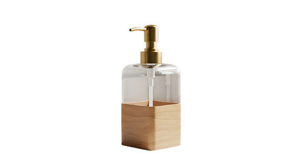 Fototapeta premium Elegant clear and wood soap dispenser with a gold pump, isolated on transparent background, showcasing a modern and minimalist design for bathroom or kitchen decor, emphasizing cleanliness and style