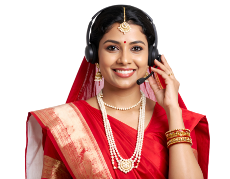 A smiling woman in traditional attire wearing a headset, representing modern communication and cultural heritage.