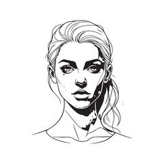 Black and white close up illustration of a beautiful woman face minimalist elegant line art drawing