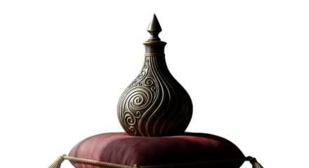 Ornate antique perfume bottle with intricate detailing, resting on a plush red cushion, isolated on transparent background, evoking a sense of luxury, vintage charm, and timeless elegance