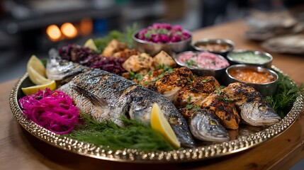 A golden platter of freshly cooked fish, beautifully presented with colorful dips and garnishes, creating a feast for both the eyes and the taste buds.