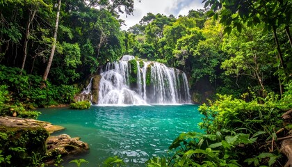 Fototapeta premium Stunning waterfall cascades into a serene turquoise pool, surrounded by lush green foliage and dense tropical forest. The scene is idyllic