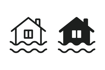 Fototapeta premium Flood disaster icons. Sea level icon. Home flooding, damaged roof, storm, rising water levels icon. Flood icon showing a house submerged in water. Vector illustration
