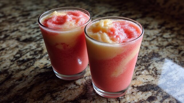 Delicious frozen drinks with vibrant colors sit on a granite countertop
