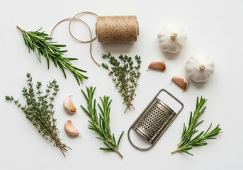 Artful Flat Lay of Fresh Rosemary Thyme and Garlic with Rustic Twine and Grater.
