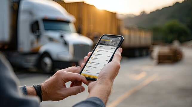 Truck driver stands on highway with semi-truck in background, checking notes on iPhone under soft morning light