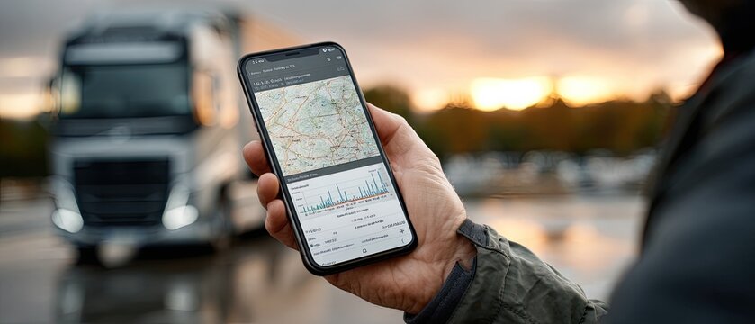 Truck driver stands on highway with semi-truck in background, checking notes on iPhone under soft morning light