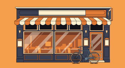 Flat vector illustration of an urban restaurant facade with large windows, awning, and bicycle parked in front, warm colors and simple lines on plain orange background, cozy flat design