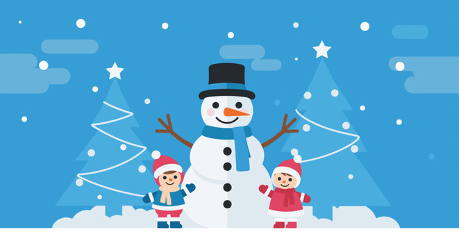Cute flat vector illustration of a snowman and snow woman with Christmas trees on a bright blue background, cartoon winter holiday design with simple shapes, colorful hats, and minimal style