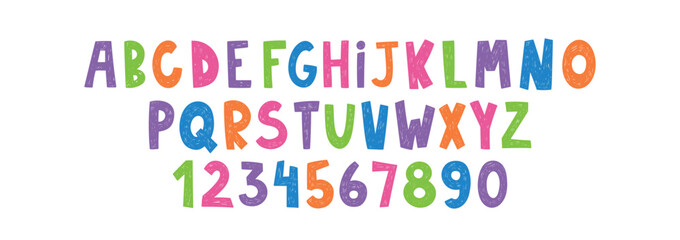 Cartoon children font, cartoon kids alphabet with crayon, pastel or chalk texture. Vector color handdrawn numbers and letters. © Arina