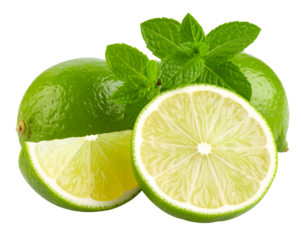 Fresh green limes with vibrant mint leaves, showcasing their juicy interior and zesty appeal for culinary uses.