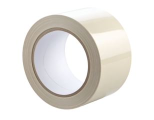 A close-up view of a roll of clear adhesive tape resting on a white background, showcasing its glossy finish.