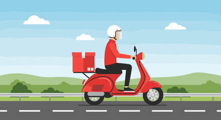 Food Delivery Rider on Scooter with Package Box &ndash; Clean Flat Vector Illustration in Minimalist Style for App, Website, or Promotion