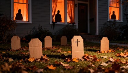 Creative Halloween front yard decorations with cardboard tombstones and spooky silhouettes in windows