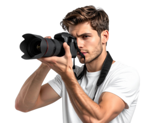 A professional male photographer holding a DSLR camera up to his eye, mid-action pose 