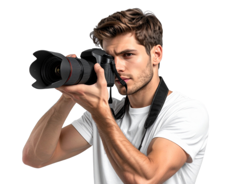 A professional male photographer holding a DSLR camera up to his eye, mid-action pose 