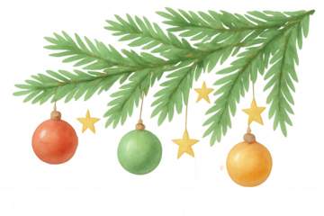 Christmas fir branch decorating with colorful watercolor ornaments and golden stars, transparent background