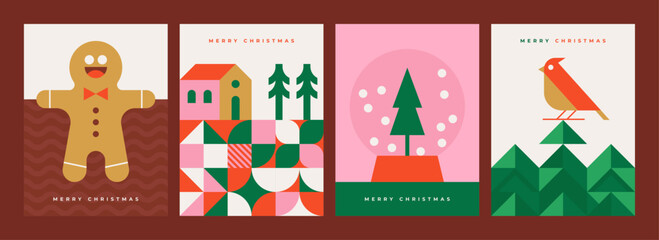 Christmas card set with gingerbread, snow globe, fir tree, house and bird in flat geometric style 