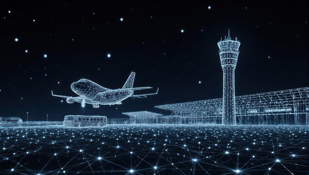 Futuristic glowing airport scene with airplane taking off into starry night sky, showcasing travel and technology in a modern, captivating design