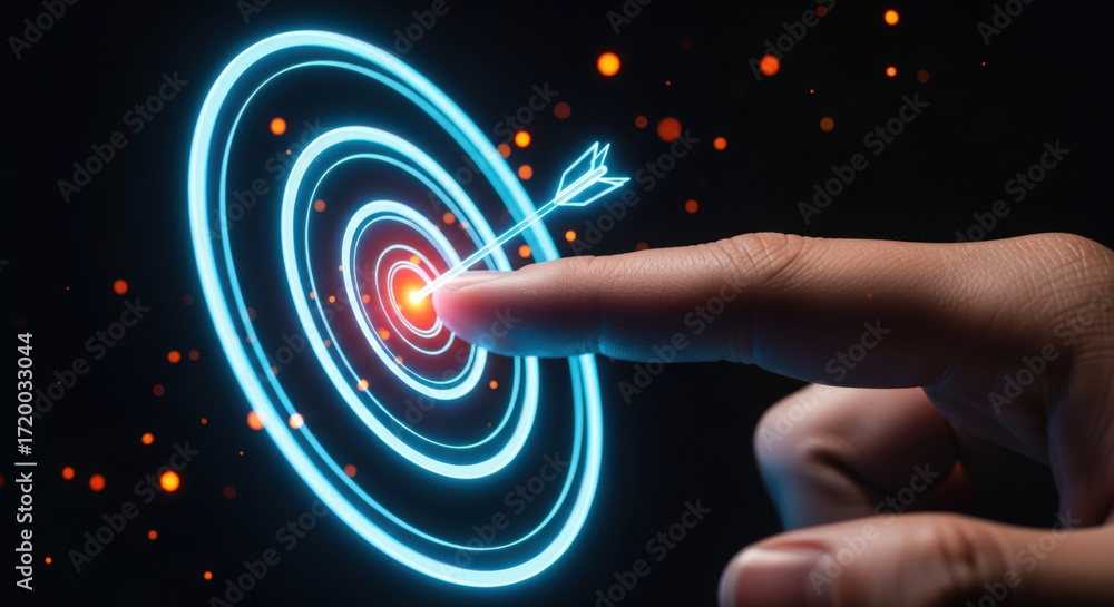 Poster targeting success and achieving goals a close up of a finger pointing at the center of a bullseye wi
