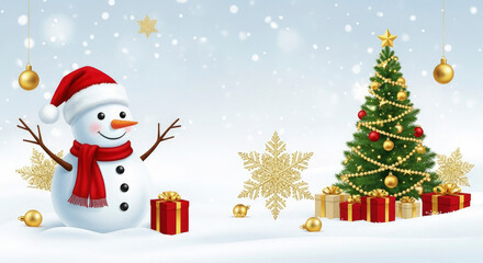 Fototapeta premium Joyful Winter Greeting: Smiling Snowman Decorated Tree and Golden Ornaments in Snow.