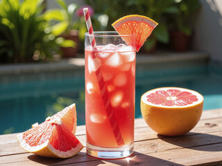 A tall bottle of citrus-berry juice captures the essence of outdoor summer freshness.