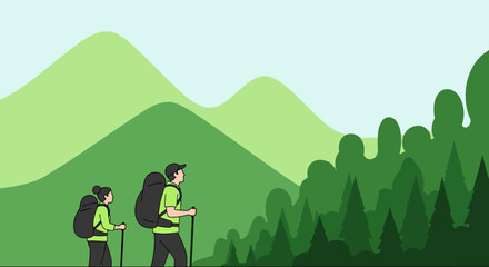 Minimalist Vector Art of Two Hikers with Mountains and Forest in Background – Simple Shapes and Green Tones in Wide Angle Scenic Design