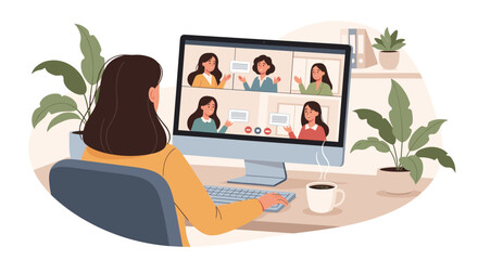 Vector design of remote worker at desk in virtual meeting with multiple people on monitor, pastel background and cozy details, perfect for digital workplace, teamwork, and online connection themes