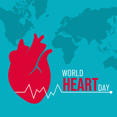 World Heart Day Vector illustration with line style, heartbeat, stethoscope, heart, hand and world map.
