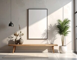 Modern minimalist interior with blank frame mockup, perfect for showcasing artwork or photography in a bright, inviting home or office space
