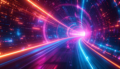 Obraz premium Abstract glowing data tunnel with neon light streams rushing forward, futuristic cyber vortex pattern. No people, no text, no watermark.